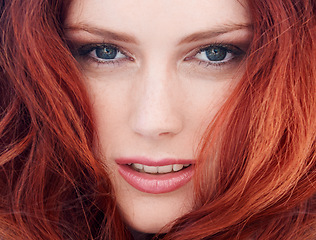 Image showing Beauty, haircare and portrait of a woman with a ginger, clean and natural salon hairstyle. Self care, red and closeup of a female model with a keratin or brazilian treatment for a healthy routine.