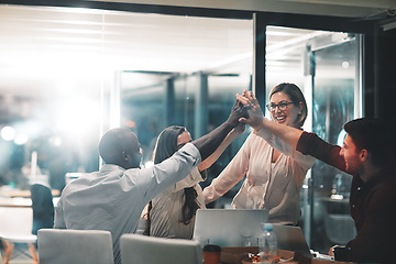 Image showing High five, collaboration and business people in celebration in the office for project success. Teamwork, diversity and group of professional employees with team achievement to celebrate in workplace.