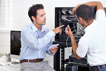 Image showing Hardware, information technology and engineering professional men repair motherboard in server room. Manufacturing or service, maintenance or technician and male coworkers support in office.