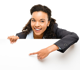 Image showing Black woman, hands or pointing portrait at poster promotion logo, billboard branding mockup or product placement news. Smile, happy or business banner paper of sales deal on isolated white background