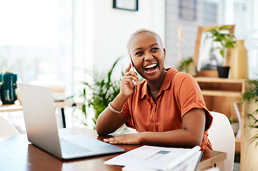 Image showing Phone call, happy and business black woman with laptop for contact, connection and network. Corporate office, communication and female worker laugh on smartphone for conversation, discussion and chat