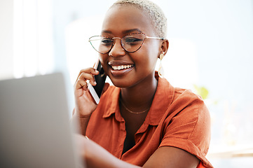 Image showing Laptop, phone call and happy black woman in office for conversation, planning and discussion. Communication, networking and face of female worker working on computer for connection, email and contact