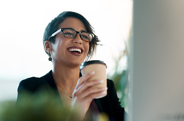 Image showing Happy woman, coffee and reading on computer for creative vision, planning online and news or excited for results in office. Inspiration, ideas and laughing business person with drink and desktop pc