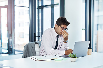 Image showing Headache, stress and man on laptop in office frustrated with glitch, mistake or crisis. Anxiety, vertigo and male business person angry with failure, 404 or bad review, deadline report or burnout