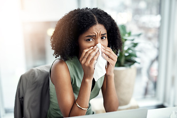 Image showing Allergies, blowing nose or sick black woman in office or worker with hay fever sneeze or bad illness. Sneezing, flu or sad businessperson with toilet paper tissue, allergy virus or disease at desk