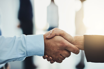 Image showing Business people, handshake and partnership for b2b, meeting or greeting in hiring or recruitment at office. Businessman shaking hands with employee for welcome, introduction or promotion in teamwork