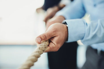 Image showing Hand, rope and tug of war, team building with business people and collaboration, competition and mockup space. Corporate conflict resolution, challenge and teamwork with employees in workplace