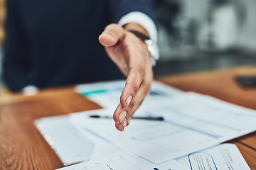 Image showing Businessman, handshake and meeting for b2b, deal or document agreement at the office. Man employee shaking hands for introduction, greeting or hiring in recruitment for business growth at workplace