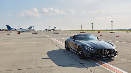 Image showing Kyiv, Ukraine - September 2, 2017: Mercedes-Benz GTs in road in airport.