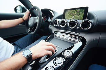 Image showing hand on automatic gear shift, Man hand shifting an automatic car