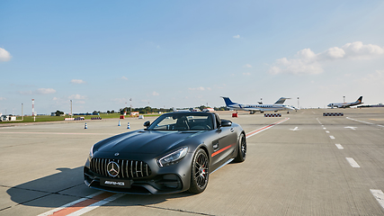 Image showing Kyiv, Ukraine - September 2, 2017: Mercedes-Benz GTs in road in airport.