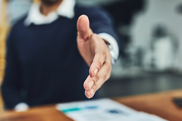 Image showing Businessman, handshake and meeting for introduction, agreement or deal at the office. Man employee shaking hands for greeting, welcome or hiring in recruitment for business growth at the workplace