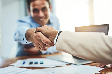 Image showing Business people, handshake and meeting for partnership, deal or b2b agreement at the office. Businessman shaking hands for greeting, welcome or hiring in recruitment, teamwork or growth at workplace