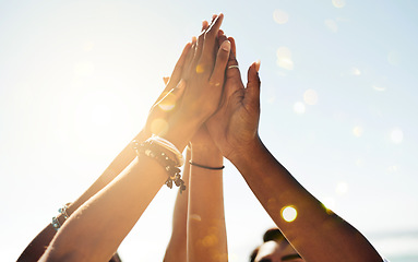 Image showing Hands, high five and closeup group of people outdoor for solidarity, trust and goal collaboration. People, commitment and friends with hand in support of success, celebration and partnership or unity