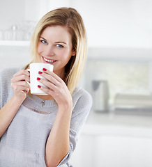 Image showing Relax, smile and portrait of woman with coffee in a kitchen, calm and content in her home. Happy, face and female drinking tea in her apartment, peaceful and confident with a comforting morning drink