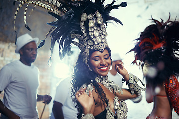 Image showing Festival, carnival dancer and woman smile with music and social celebration in Brazil. Mardi gras, dancing and culture event costume with a young female person with happiness from performance