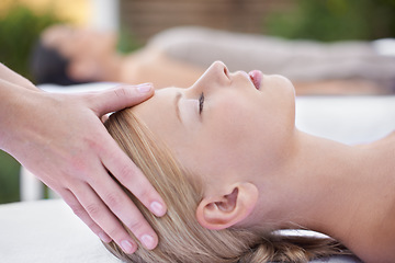 Image showing Relax, facial massage, women at reiki spa for health, wellness and luxury treatment with eyes closed. Beauty salon, professional skin care therapist and healthy face of woman with cosmetic therapy.