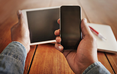 Image showing POV, person and cellphone with a screen, tablet and social media with connection, network and digital chatting. Closeup, hands and technology for online reading, website search and mobile application