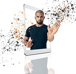 Image showing Karate, phone app and portrait of a man with moves isolated on a white background in a studio. Serious, fitness support and a trainer gesturing for a fight on a mobile for training and a workout