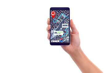 Image showing Map, traffic and transport with a phone in hand for travel directions, location or navigation in studio. Mobile, taxi and search for an address with a person using satellite on a white background