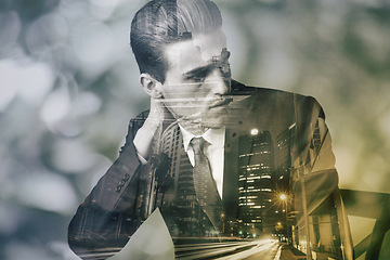 Image showing Business man, city and double exposure for thinking employee with monochrome and art deco overlay. Urban, old school and corporate worker with ideas and person with skyline in black and white effect