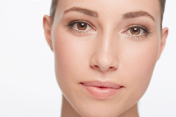 Image showing Portrait, beauty and woman with dermatology, skincare and confident girl isolated against a white studio background. Face, female person and model with organic facial, treatment and grooming routine