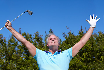 Image showing Winner, sports and old man with hands up in golf celebration on blue sky background with smile. Champion, success and senior male golfer celebrating achievement, winning and training, game or goal