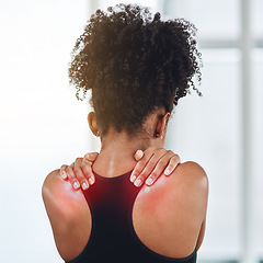 Image showing Rear view, young black woman and suffering from back pain or wearing sports bra or shoulder health and on white background. Afro, girl person and feeling hurt from gym or joint ache and fibromyalgia