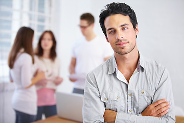 Image showing Serious, portrait and business man with arms crossed in office, workplace or company. Face, confidence and male professional, entrepreneur or person with pride for career, job and success mindset.