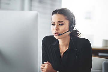Image showing Webinar, call centre and woman consultant talking online for advice or insurance telemarketing in an office. Contact us, customer support and female sales employee or worker consulting at agency