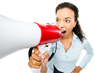 Image showing Business worker, shouting or megaphone in attention, calling or notification alert on isolated white background. Black woman, yelling or screaming on speaker equipment of sales deal or promotion news