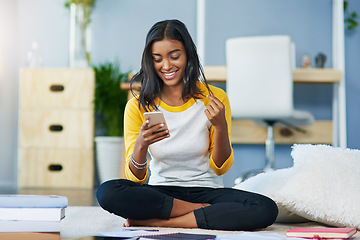 Image showing Home floor, cellphone and happy woman, student or girl typing, texting and search online, internet or website info. App, studying and person relax, message and social media user scroll on phone UI