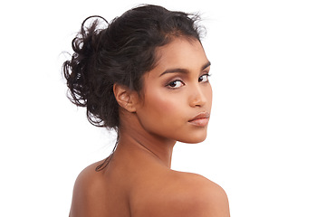 Image showing Portrait, skincare and Indian woman with makeup, dermatology and salon treatment isolated against white studio background. Face, female person and girl with confidence, grooming routine and cosmetics