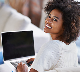 Image showing Portrait, laptop and remote work with a business black woman in her home as a freelance entrepreneur. Computer, technology and self employed with a young female person working in the living room