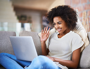 Image showing Relax, video call and woman on a couch, laptop and connection at home, happiness and communication. Female person, model or girl with technology, network and wave on a sofa, greeting and digital chat