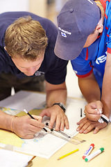 Image showing Map, lifeguard teamwork and sea marine investigation with drawing and ruler on table. Sailing strategy, captain and boat worker with navigation paperwork with course planning and distance calculation