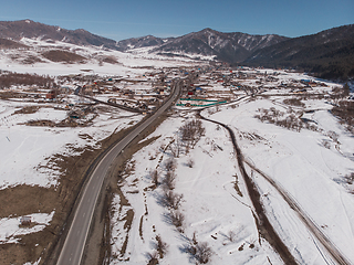 Image showing Aerial view of a winter road