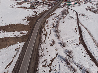 Image showing Aerial view of a winter road