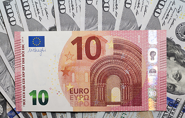 Image showing ten euros and 100 dollars