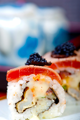 Image showing fresh sushi choice combination assortment selection