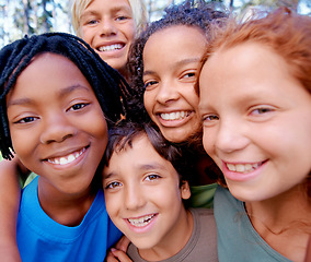Image showing Portrait, diversity and group with happiness, outdoor and teamwork with joy, wellness and kids with support. Face, young people and friends on a weekend break, multiracial and playful at summer camp