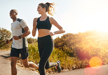 Image showing Fitness, running and health with couple in road for workout, cardio performance and summer. Marathon, exercise and teamwork with black man and woman runner in nature for sports, training and race