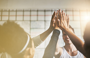 Image showing Hands, high five and collaboration of people in gym for fitness, team building and solidarity. Teamwork, group of friends and celebration for exercise targets, goals or support, motivation or success