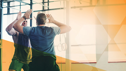 Image showing Fitness, gym and men high five to celebrate exercise, workout and training goals or win. Sports people happy about mockup overlay space for power challenge, success or achievement at wellness club