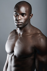 Image showing Art, aesthetic beauty and muscle, black man on grey background with fitness, strong and serious body builder in Africa. Health, wellness and bodybuilder or male model isolated on studio backdrop.