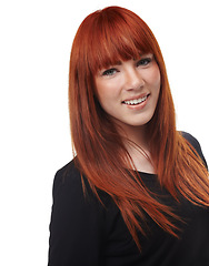 Image showing Young woman, portrait and red hair care with happiness and haircut in studio. White background, confidence and female person with happy face and cosmetics with hairstylist treatment alone with smile