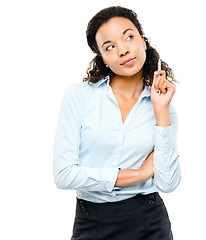 Image showing Business woman, thinking and pen hand on isolated white background in finance growth goals, target or future vision. Corporate, worker and employee with ideas, financial strategy planning or mock up