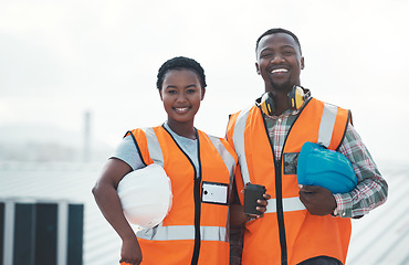 Image showing Portrait, engineer team and smile of black people at construction site with coffee. Teamwork, architecture and happy African man and woman with tea, collaboration and cooperation with mockup space.