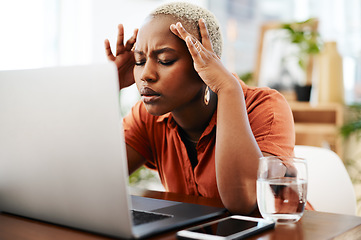 Image showing Headache, stress and business black woman on laptop for error, 404 glitch and networking problem. Corporate office, communication and female worker with burnout, frustrated and mistake on computer