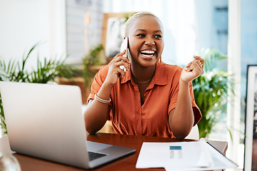 Image showing Phone call, laugh and business black woman in office for contact, connection and network. Corporate, communication and happy female worker on smartphone for funny conversation, discussion and chat